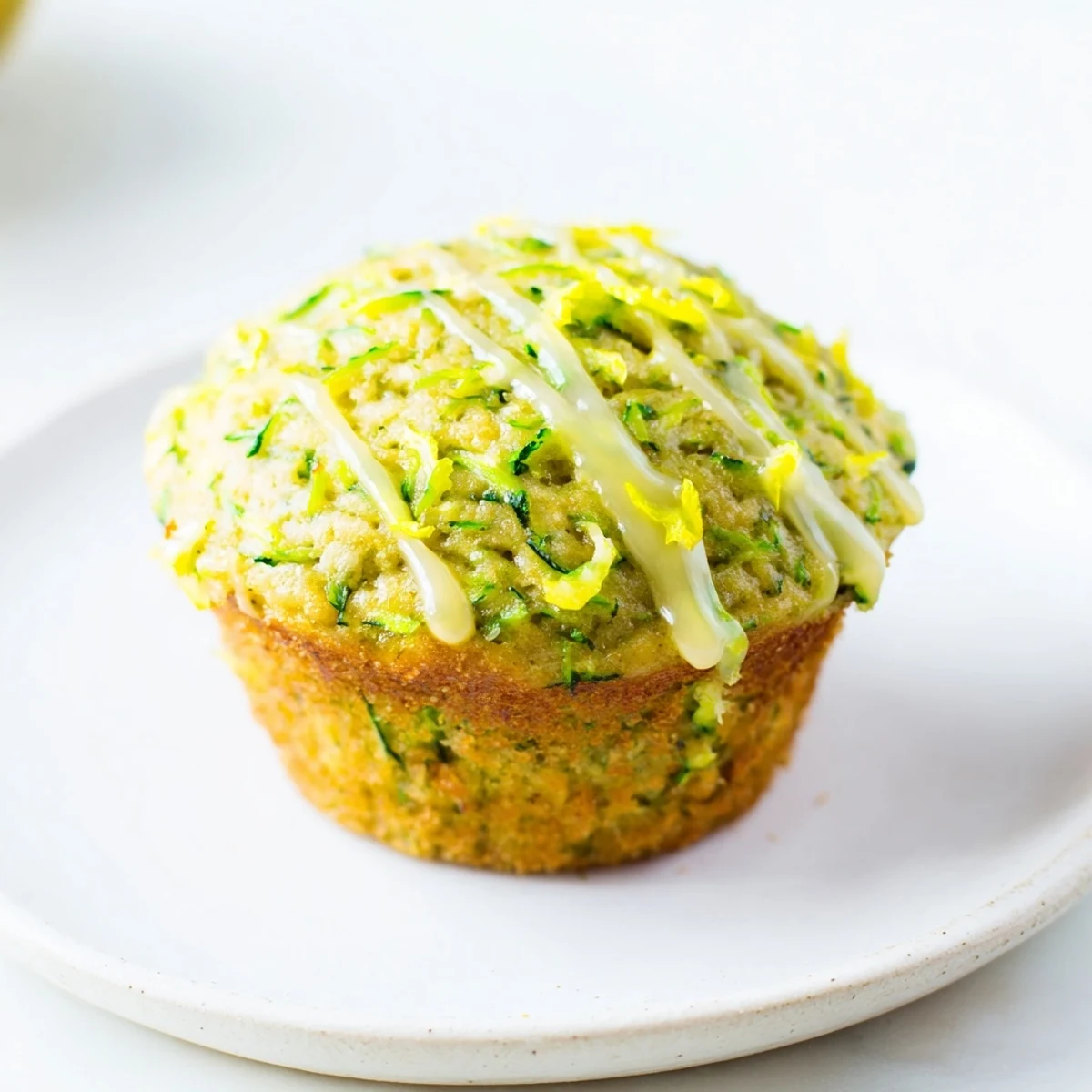 A close-up view of a Green Zucchini Muffin with Lemon Glaze, highlighting the tender crumb.