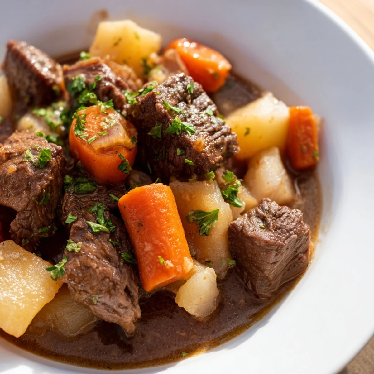 Steaming bowl of Irish Beef Stew with Root Vegetables, featuring tender beef chunks and colorful carrots, potatoes, and parsnips in rich broth.  