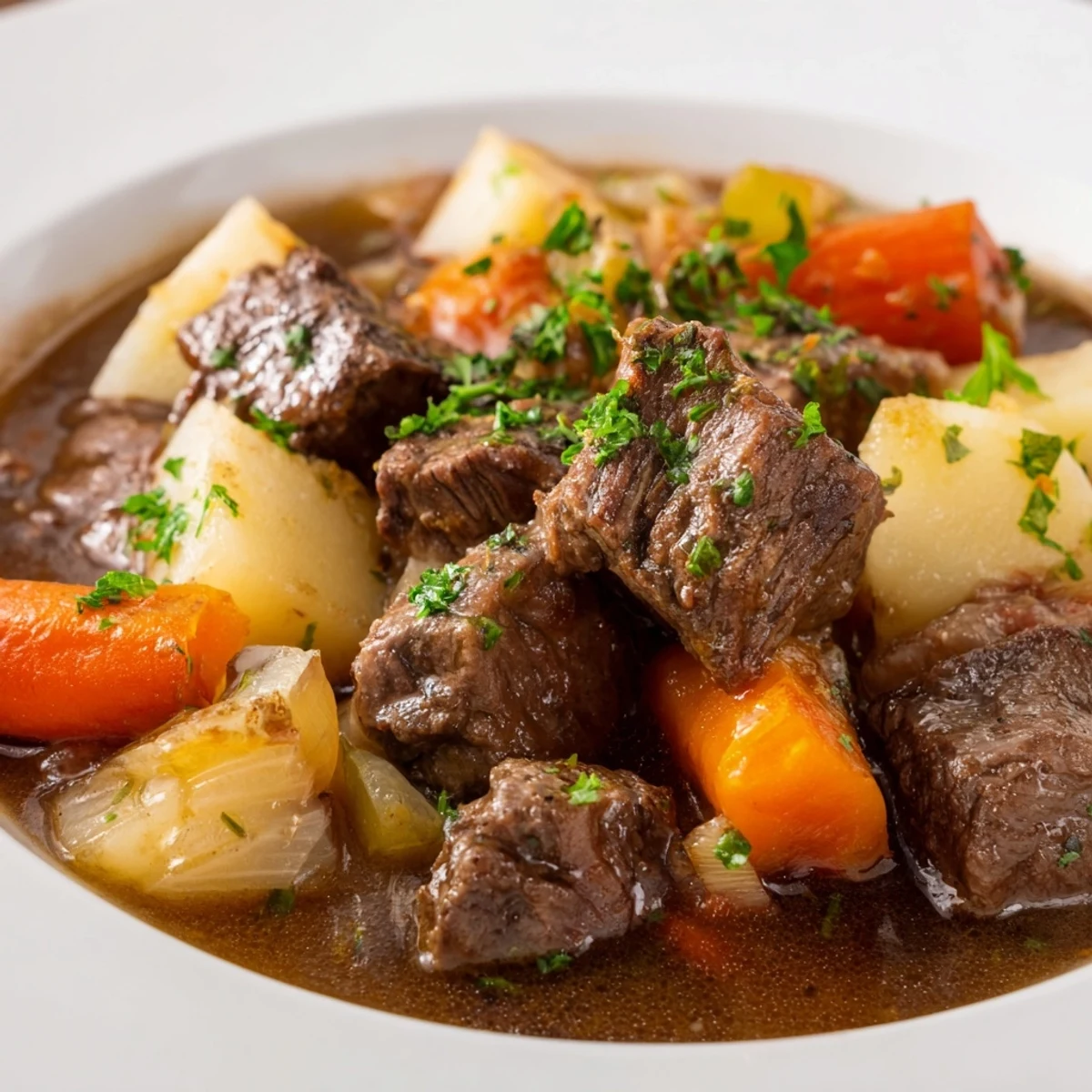Hearty Irish Beef Stew with Root Vegetables simmering in a Dutch oven, showcasing tender beef and sweet root vegetables in a savory, aromatic broth.