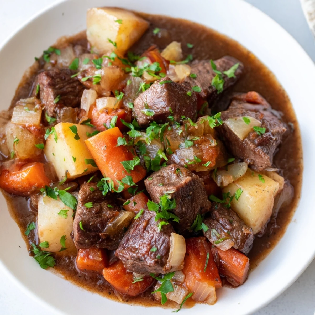 Close-up photo of Irish Beef Stew with Root Vegetables ladled into a rustic bowl, garnished with fresh parsley and served beside crusty bread.  