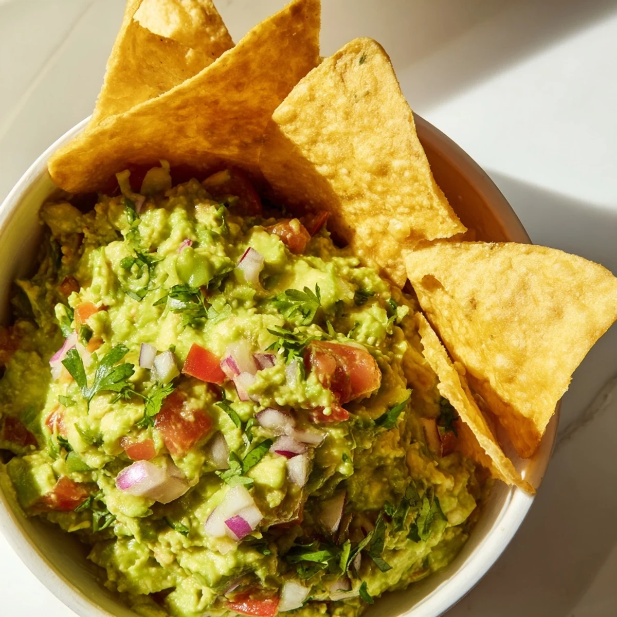 Freshly baked golden corn tortilla chips are piled high beside a creamy bowl of homemade Big Game Guacamole with lime wedges.