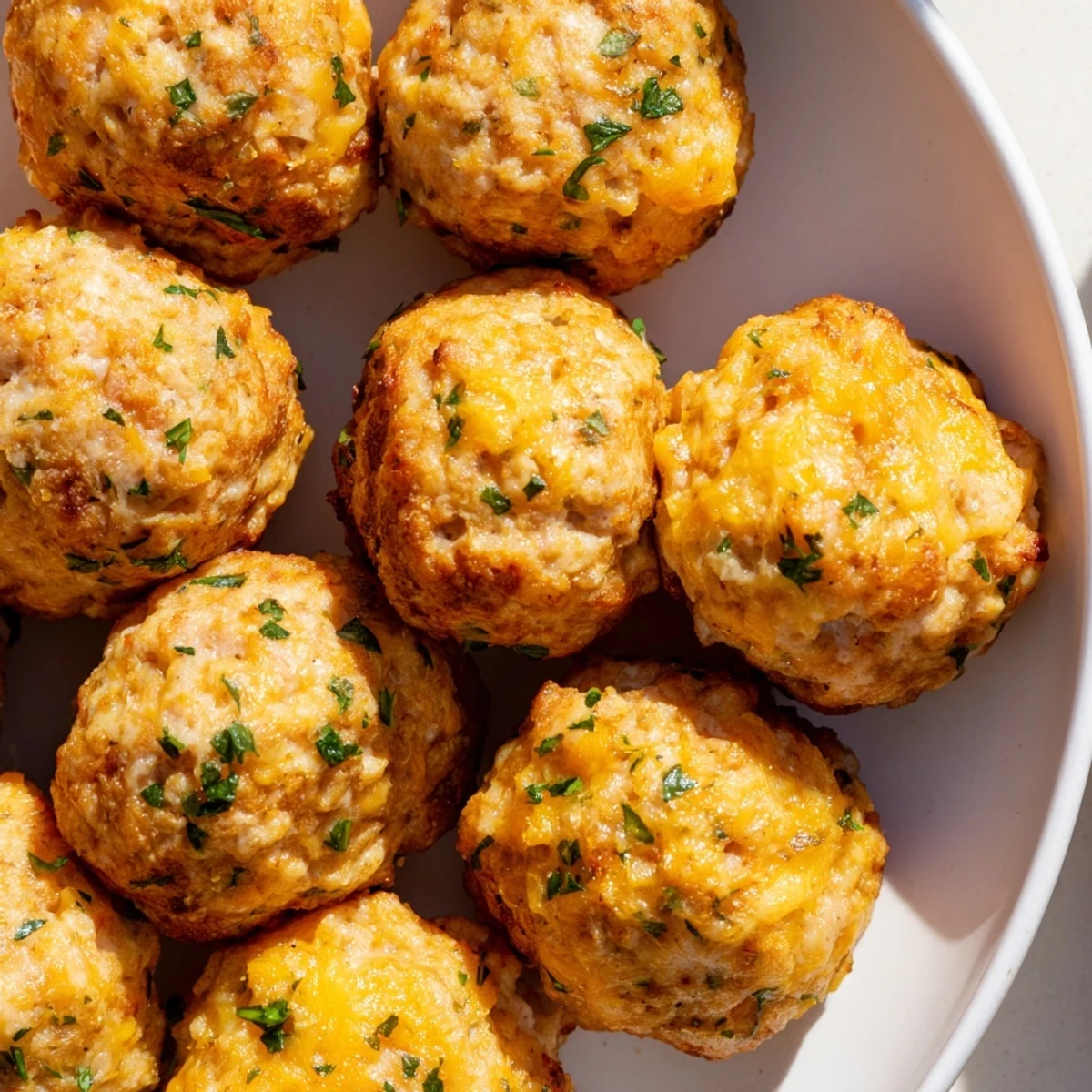 Golden brown Tailgate Sausage and Cheese Balls fresh from the oven, arranged on a parchment-lined tray with a sprinkle of parsley.  