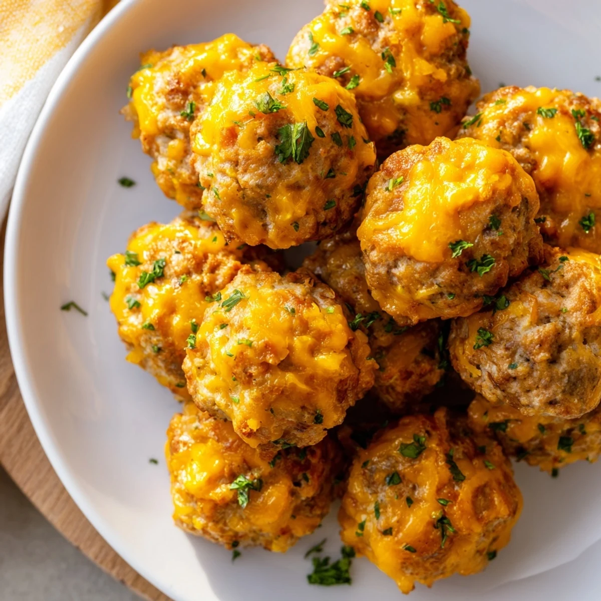 Serve these warm Tailgate Sausage and Cheese Balls on a platter with dipping sauces like ranch or BBQ.