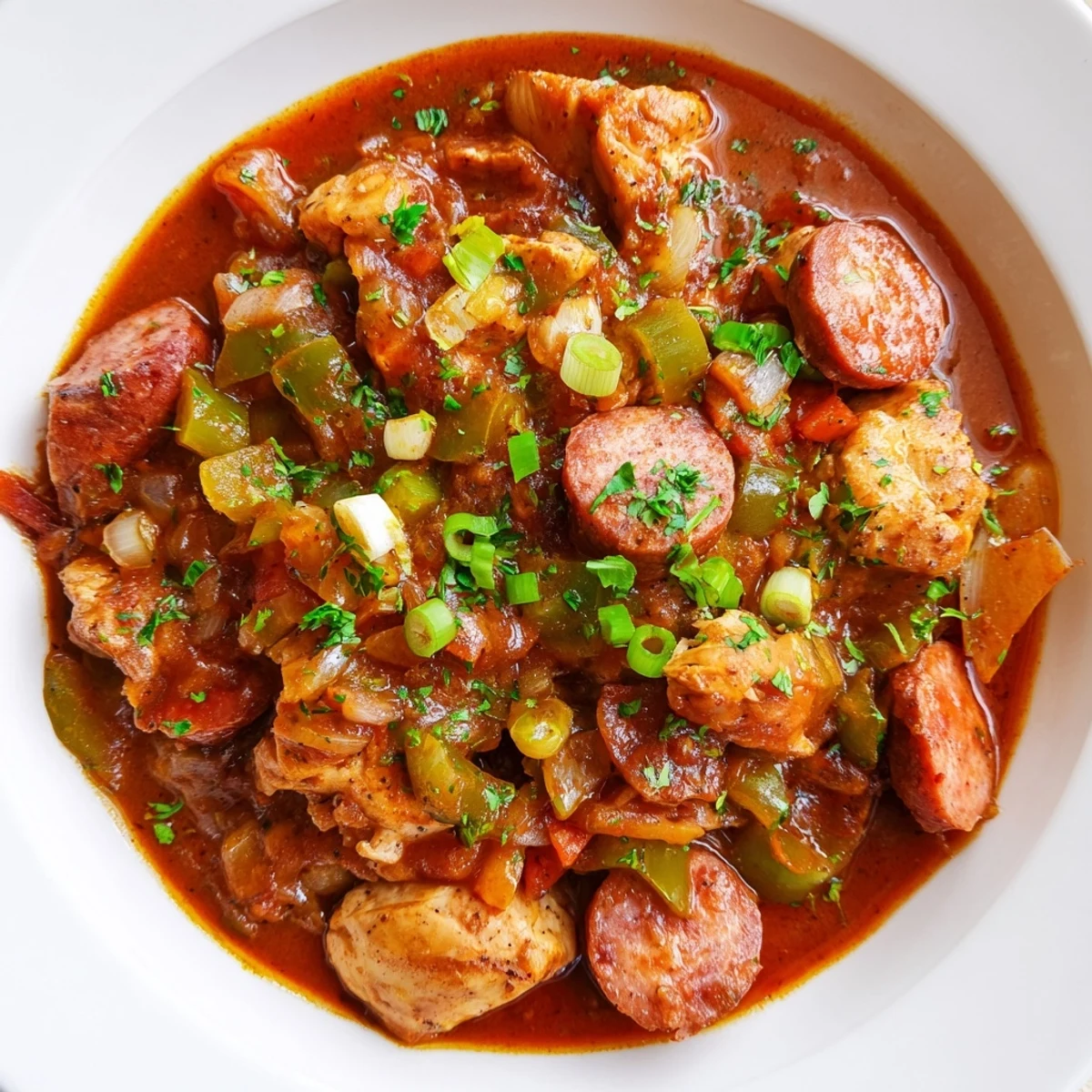 Steaming bowl of Cajun Chicken and Sausage Stew served over fluffy white rice with fresh parsley garnish.