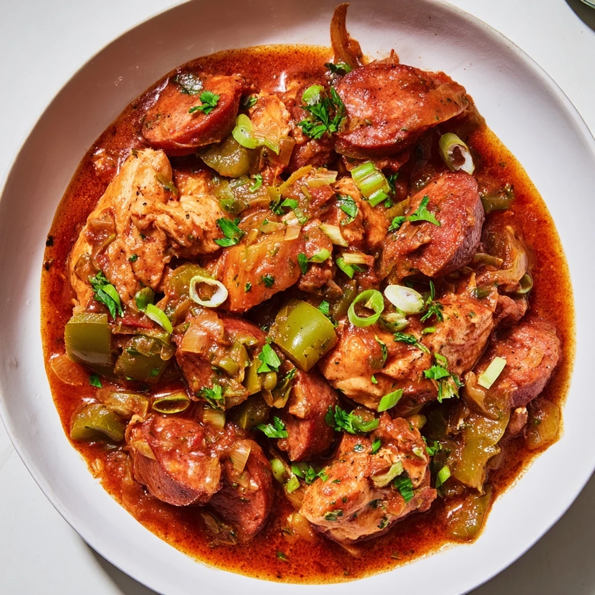 Close-up view of tender chicken and sliced sausage in rich, thick Cajun Chicken and Sausage Stew.