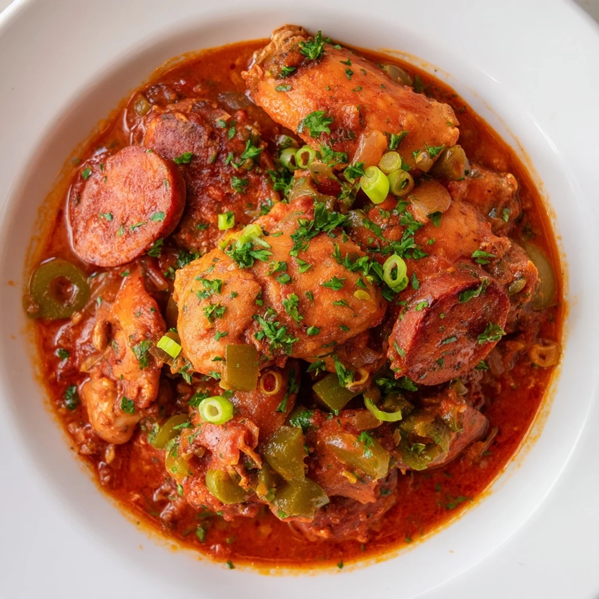 Rustic pot of Cajun Chicken and Sausage Stew featuring diced bell peppers and celery in savory broth.