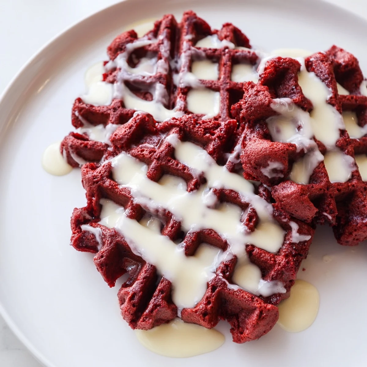 Fluffy, cocoa-infused Red Velvet Waffles drizzled with cream cheese syrup for a sweet brunch.
