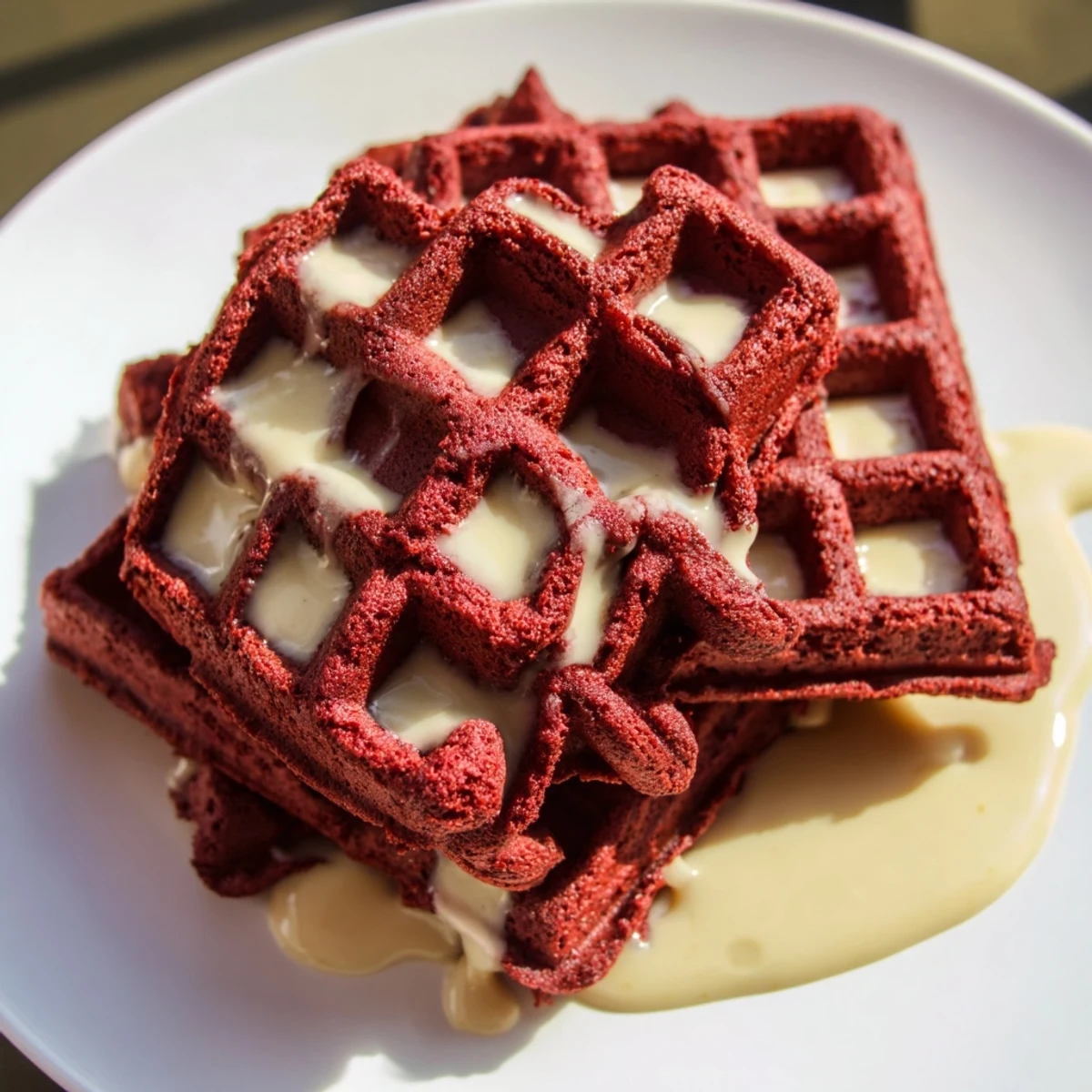 Stack of Red Velvet Waffles with cream cheese syrup and fresh strawberries on top.