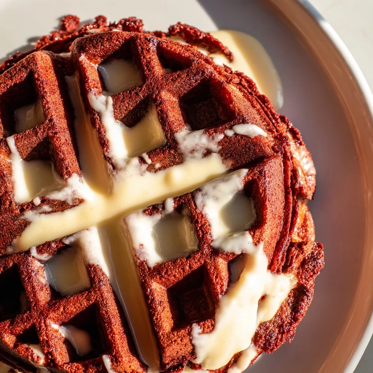 Plate of warm, crimson Red Velvet Waffles, ready to be served for breakfast.