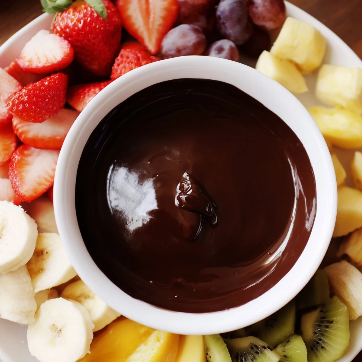 The Romantic Chocolate Fondue with Fruit Platter features vibrant fruits and pound cake cubes waiting to be dipped.  