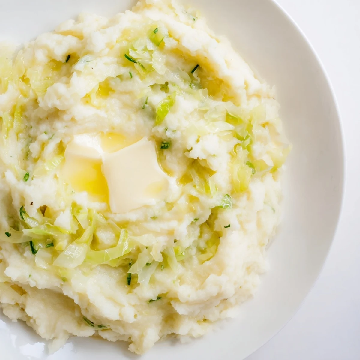 Creamy St. Patricks Day Colcannon Mashed Potatoes topped with a melting butter pat, served hot in a rustic bowl.