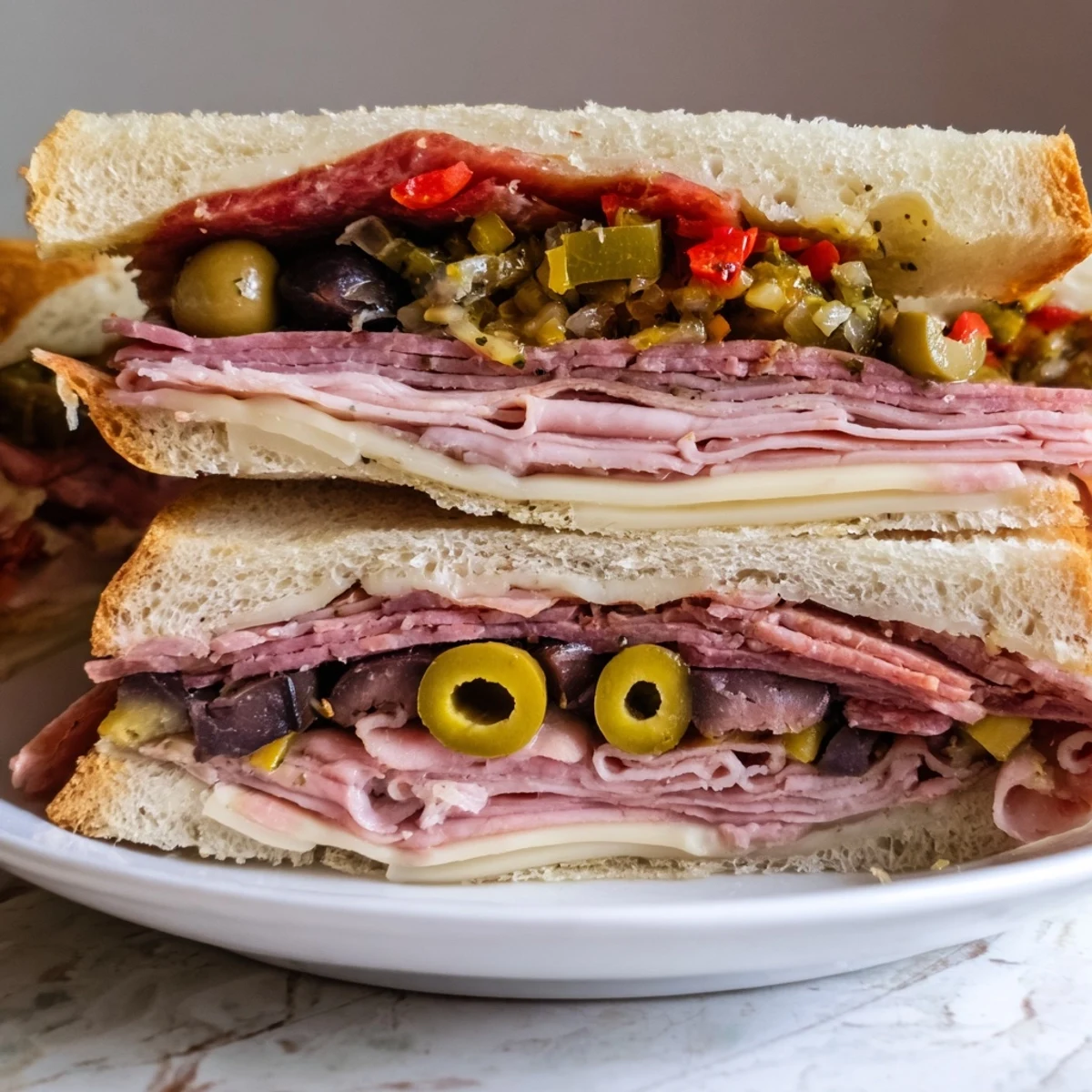 Freshly sliced New Orleans Muffuletta sandwich on a wooden board, showcasing layers of halal deli meats, provolone, and a vibrant olive salad inside a round Italian loaf.  