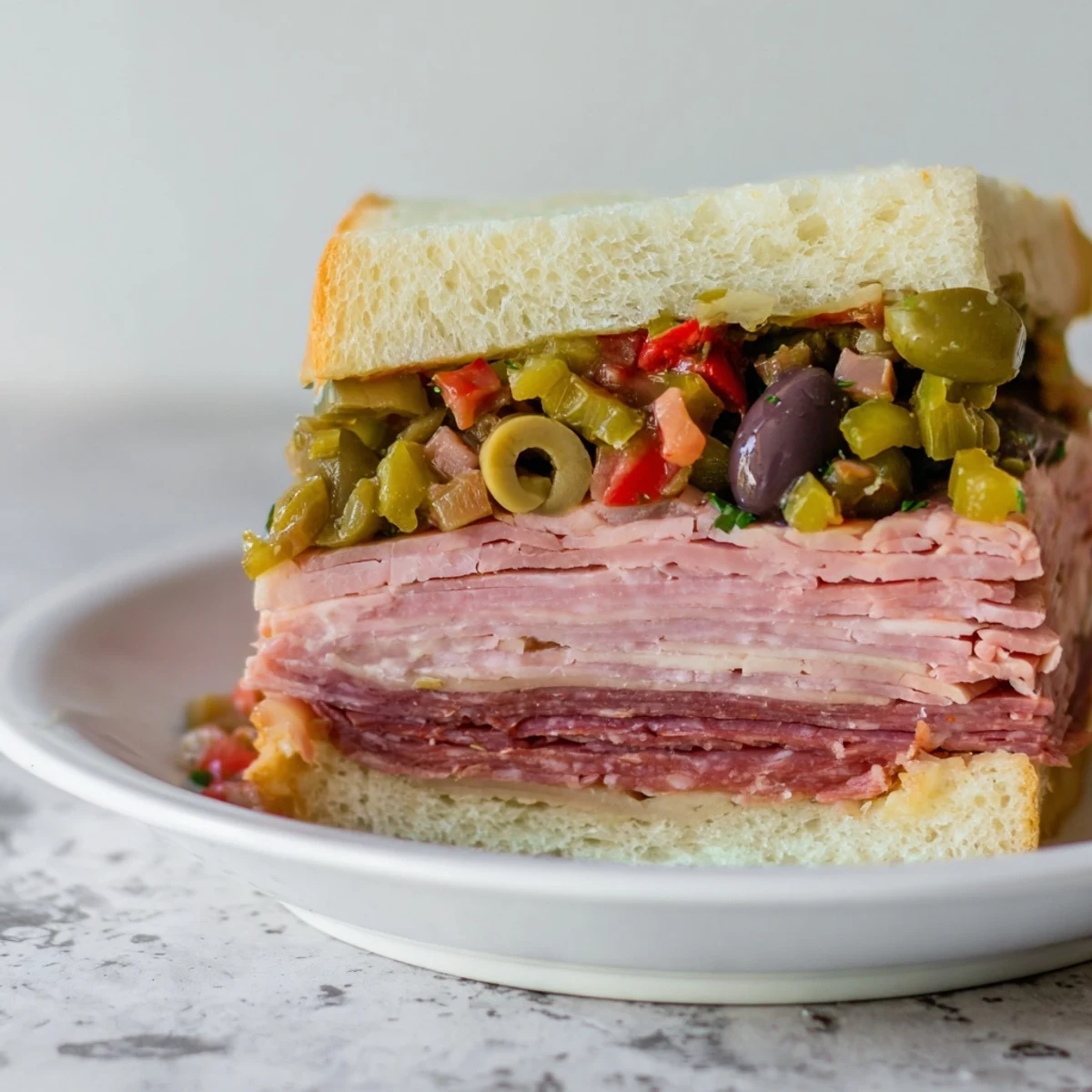 A classic New Orleans Muffuletta sandwich cut into wedges, revealing colorful olive salad, melted mozzarella, and stacked halal turkey, pastrami, and salami.  