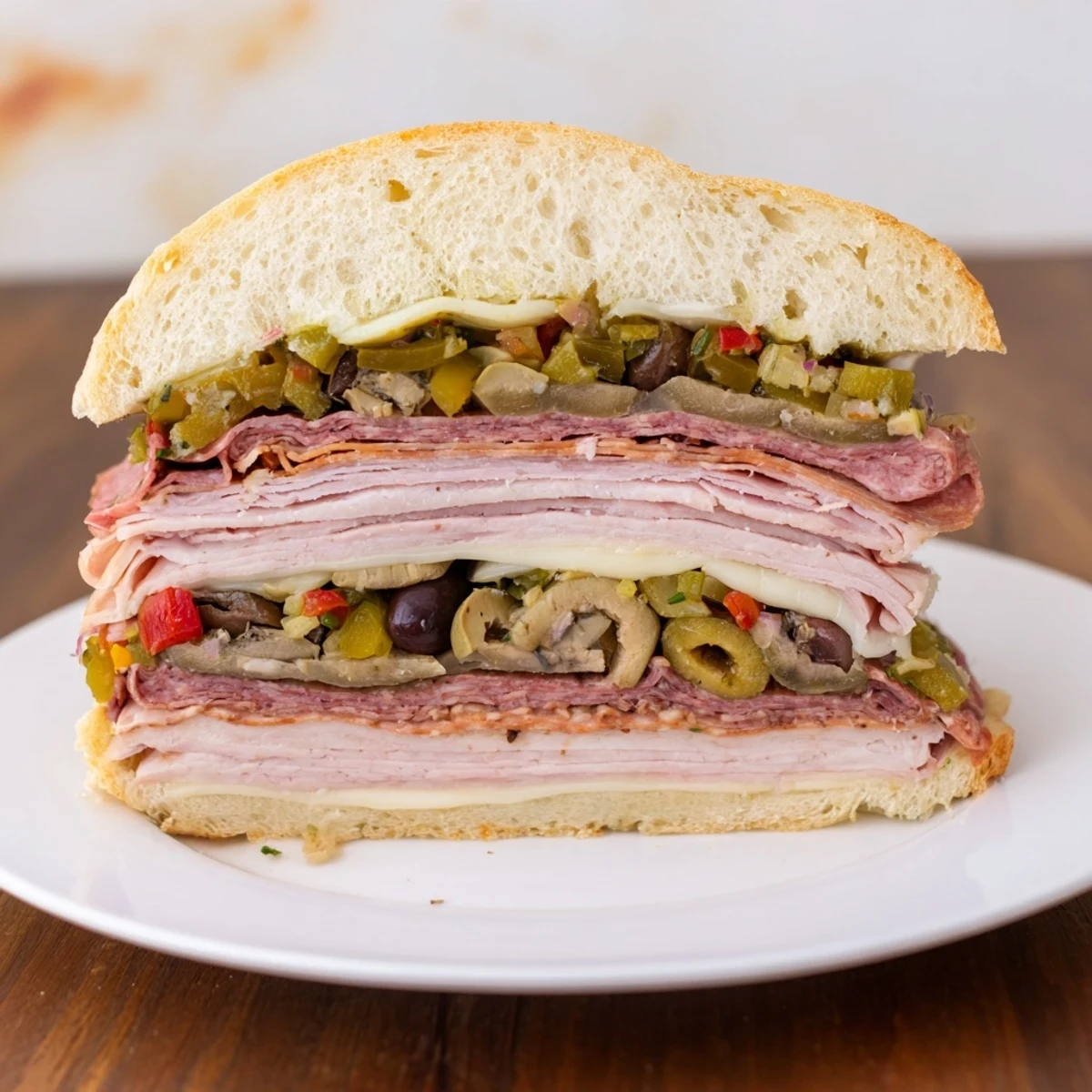 Ready-to-serve New Orleans Muffuletta sandwich, brimming with tangy olive salad and halal meats, perfect for a picnic or family lunch spread.