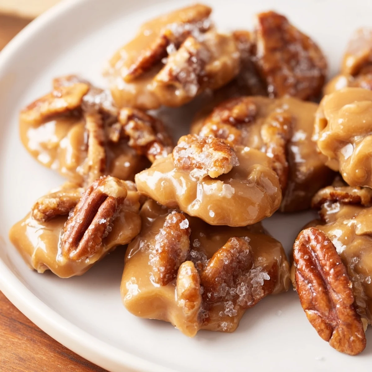 Individually spaced Mardi Gras Pecan Pralines with a festive purple sugar dusting on a rustic wood table.