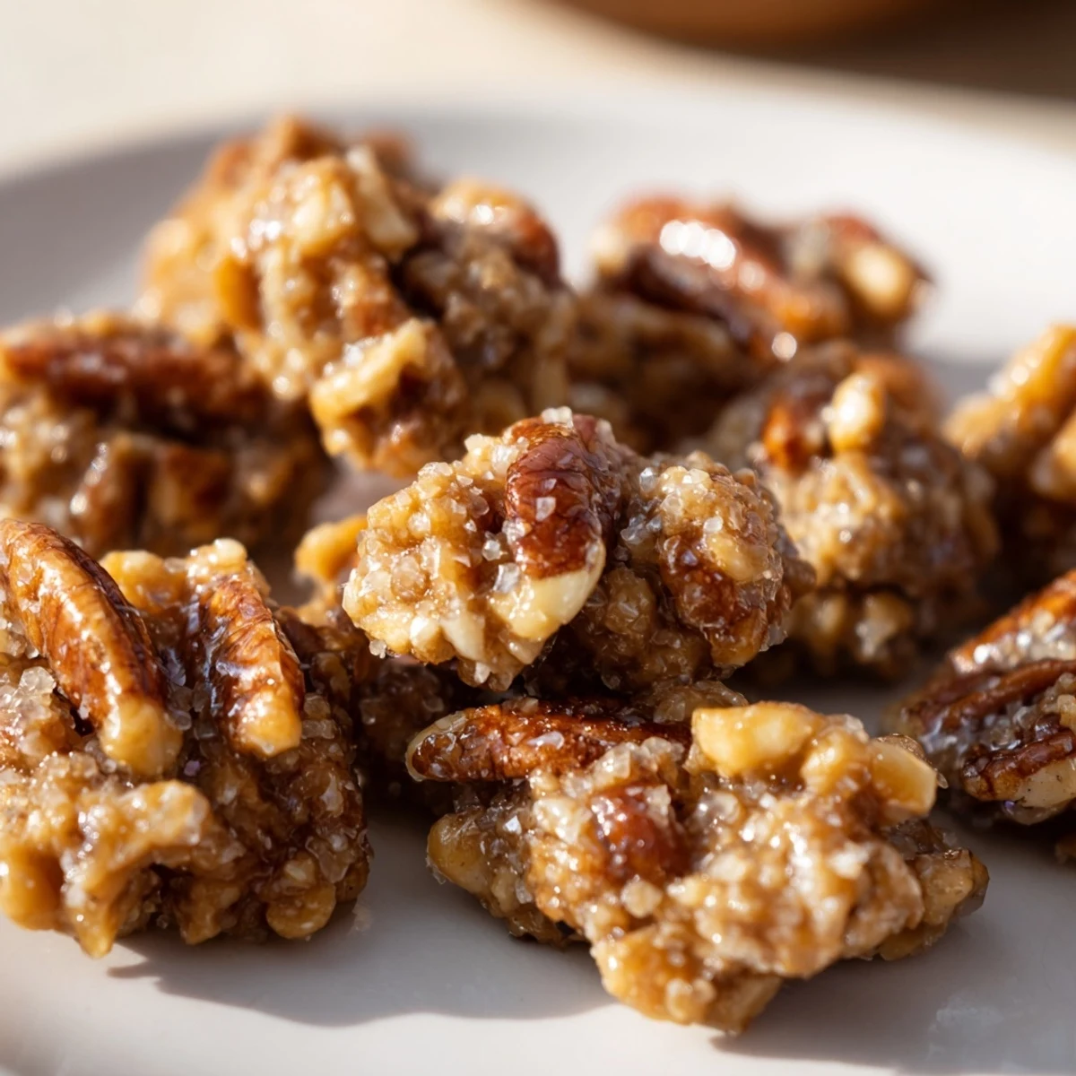 Close-up of a cracked Mardi Gras Pecan Praline revealing rich, creamy caramel and a toasted pecan center.