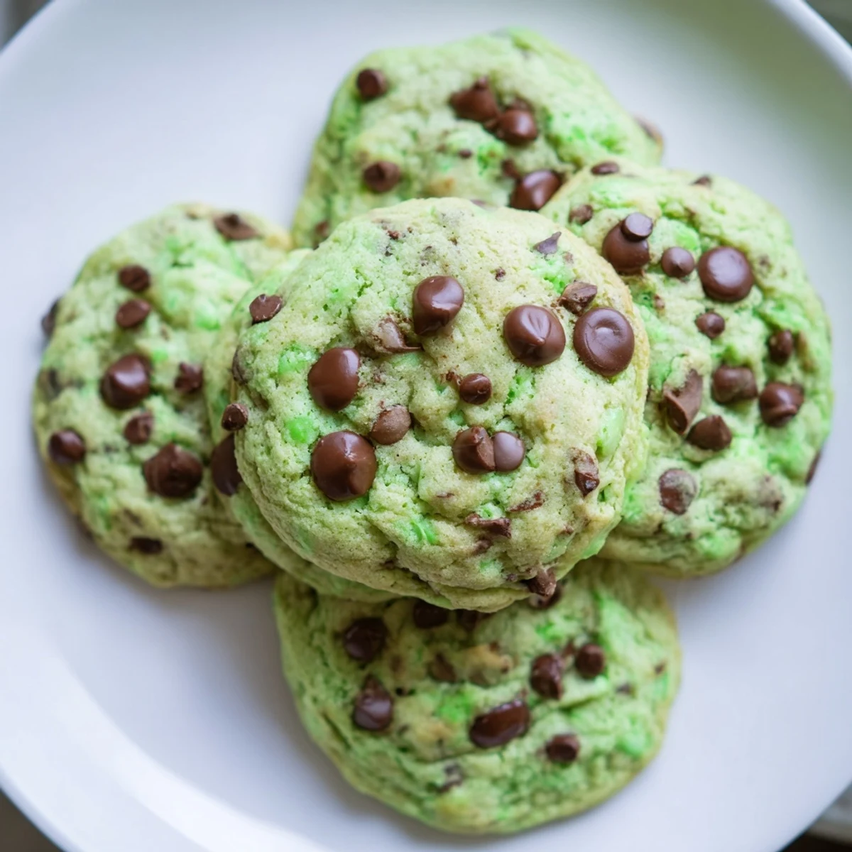 A close-up of freshly baked green mint chip cookies shows melty chocolate chips on a rustic cooling rack.