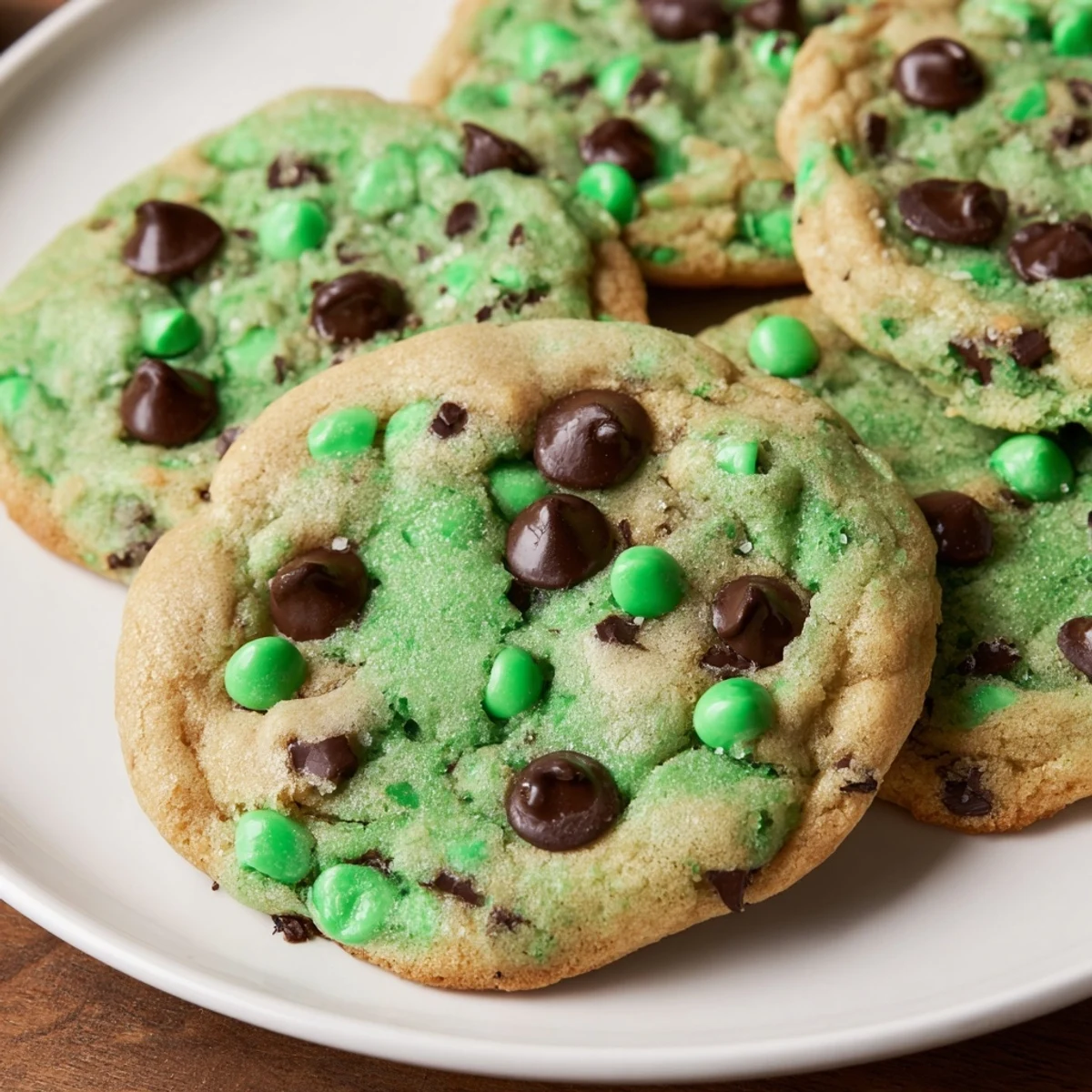 Soft-baked green mint chip cookies with a bright mint flavor, perfect for St. Patrick's Day or holiday parties.