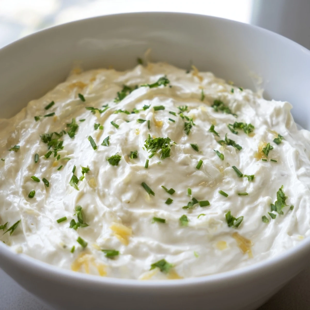 Close-up of creamy Game Day Onion Dip with caramelized onions and crispy potato chips ready for a party platter.