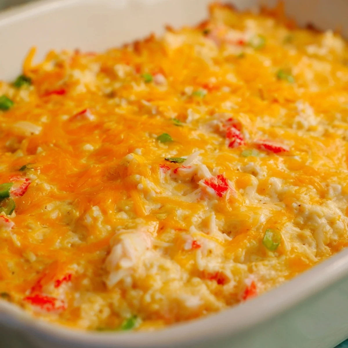 Warm, creamy Mardi Gras Crab Dip with Cajun spices, served in a baking dish alongside assorted crackers for dipping.  