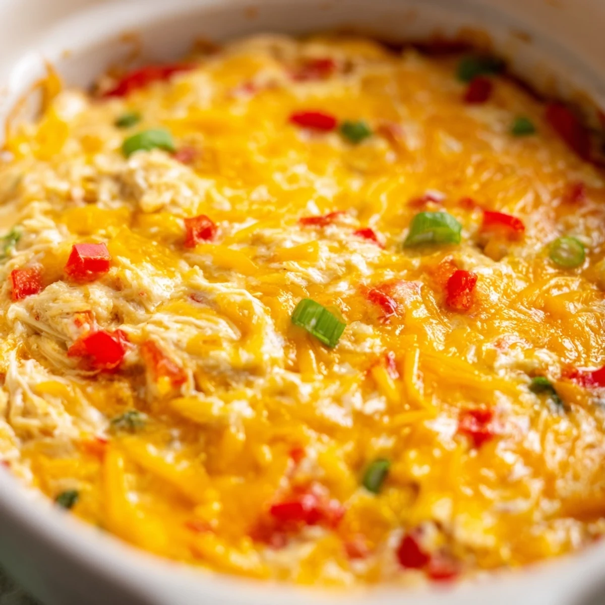 Golden, bubbly Mardi Gras Crab Dip emerges from the oven, studded with red bell peppers and green onions.  