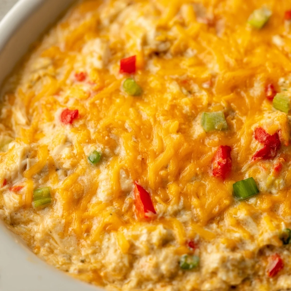 A festive bowl of Mardi Gras Crab Dip, topped with melted cheddar and paired with crisp crackers on a party platter.