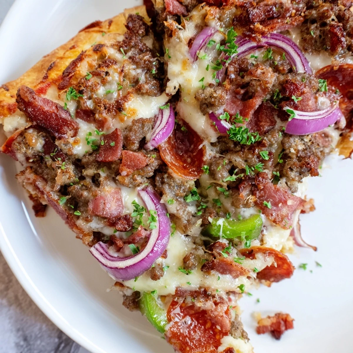 Golden-brown MVP Meat Lover Pizza with beef toppings bubbling with melted mozzarella and Parmesan on a rustic wooden cutting board.