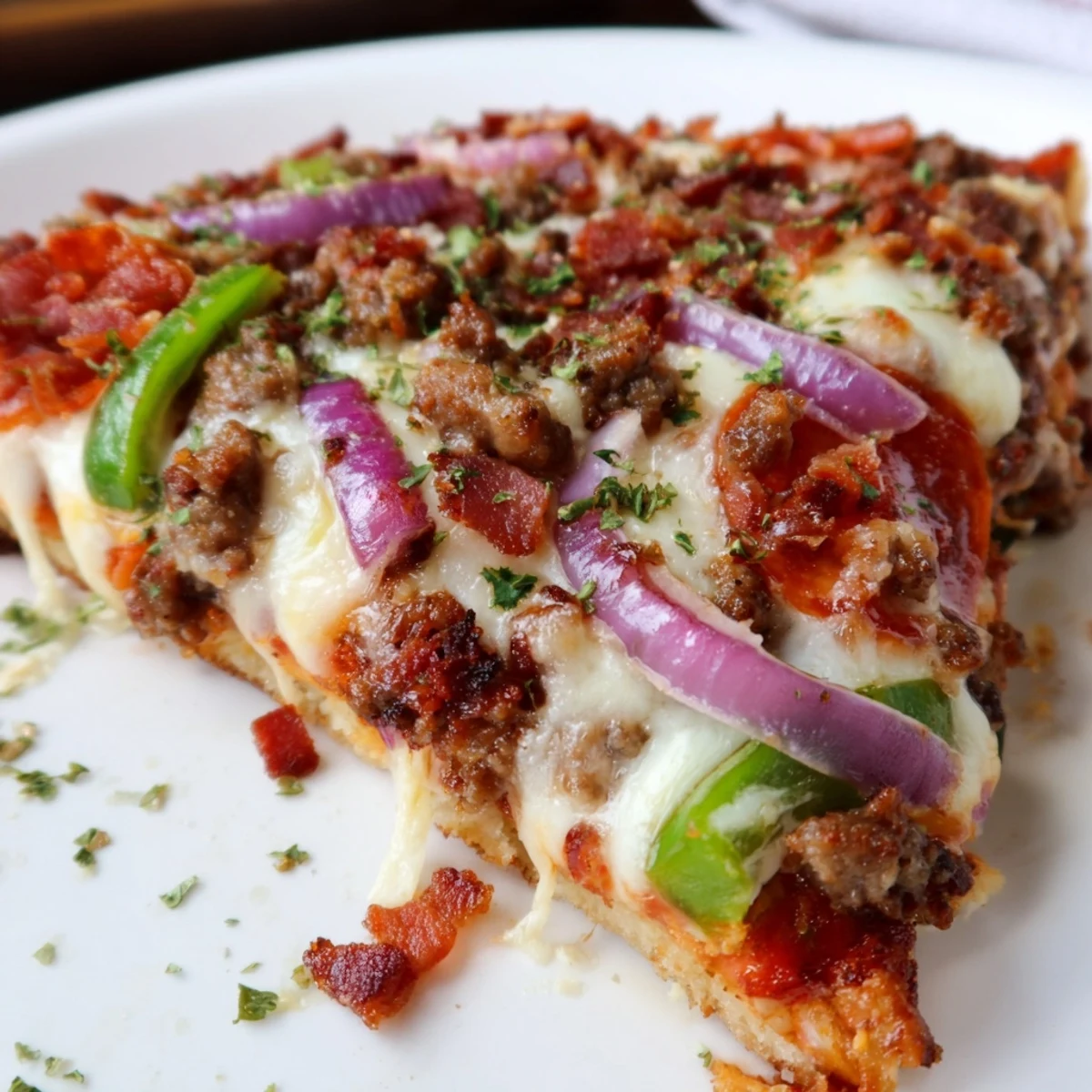 Sliced MVP Meat Lover Pizza showcases layers of pepperoni, crumbled sausage, ground beef, and bacon on a crisp, golden crust.