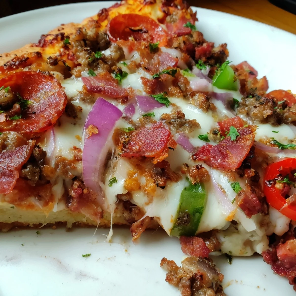 Freshly baked MVP Meat Lover Pizza topped with red onions and green peppers sits beside a cold beer for game day.