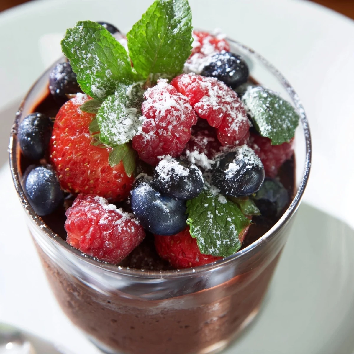 Velvety Valentine Chocolate Mousse layered in a wine glass, topped with strawberries, raspberries, and blueberries for a romantic dessert.  