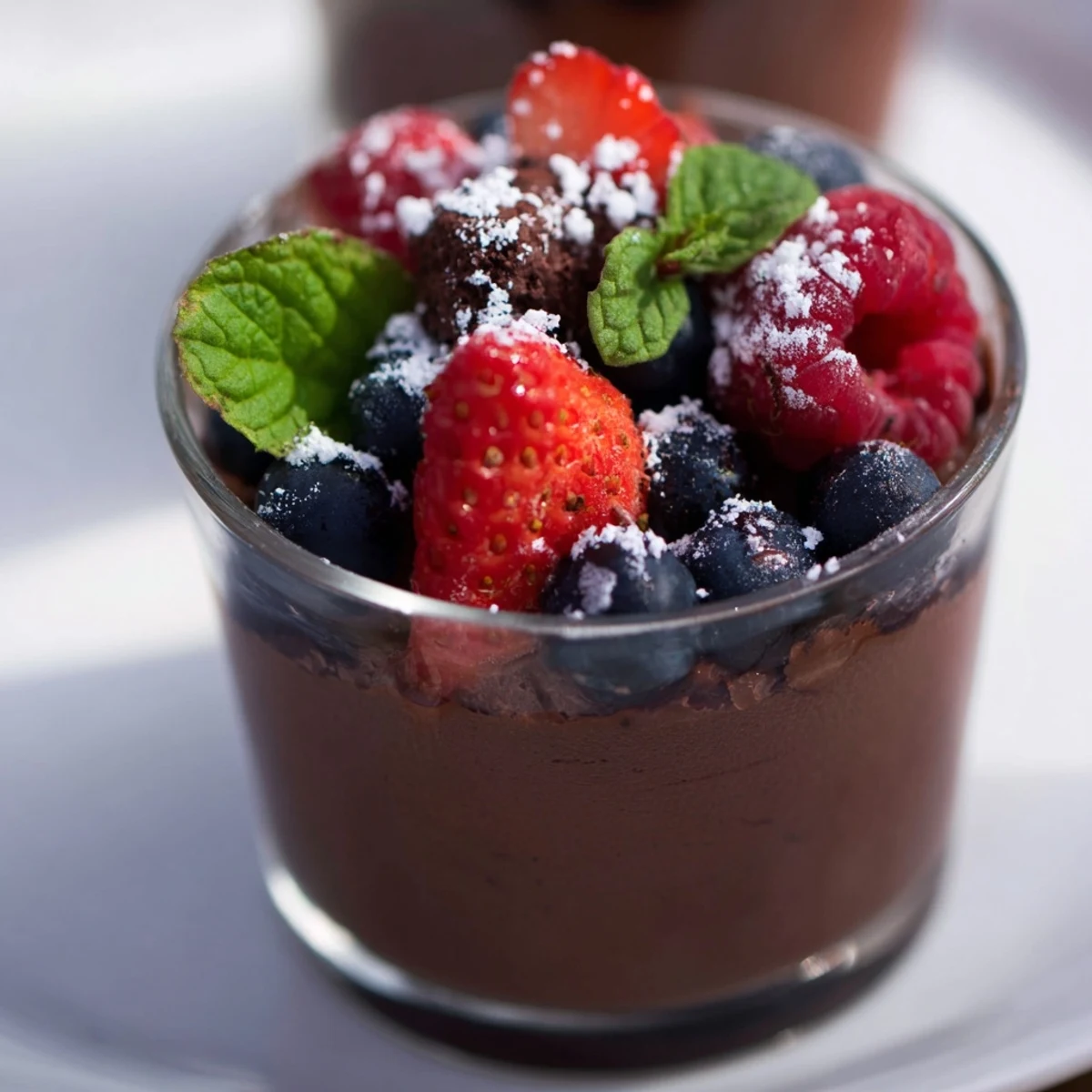 Decadent Valentine Chocolate Mousse in individual glasses, garnished with chocolate shavings and bright berries, ready for a date night.