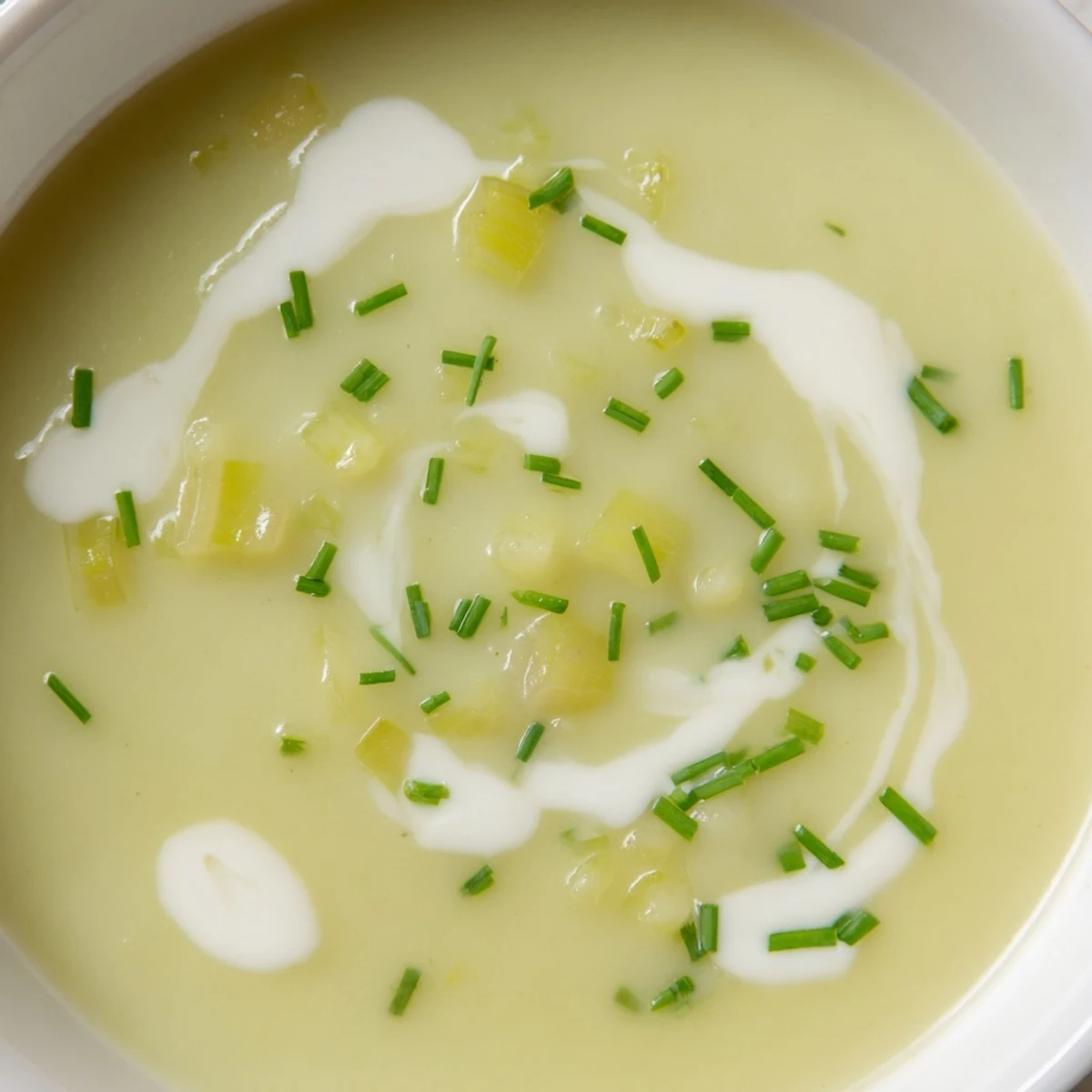 Creamy Irish Leek and Potato Soup served hot in a rustic bowl, garnished with fresh chives for a cozy, comforting meal.