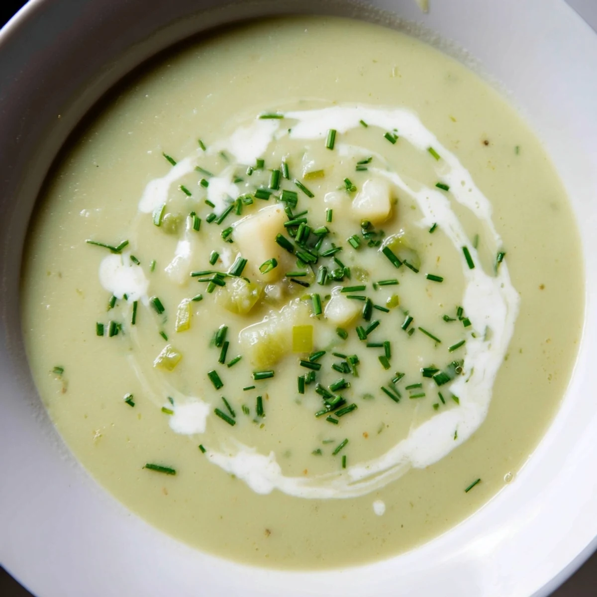 Smooth Irish Leek and Potato Soup with a swirl of heavy cream, a rich and velvety vegetarian soup for chilly days.