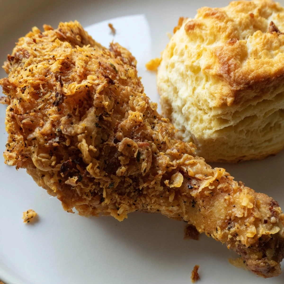 Golden-brown Cajun fried chicken thighs and flaky buttermilk biscuits on a rustic platter.