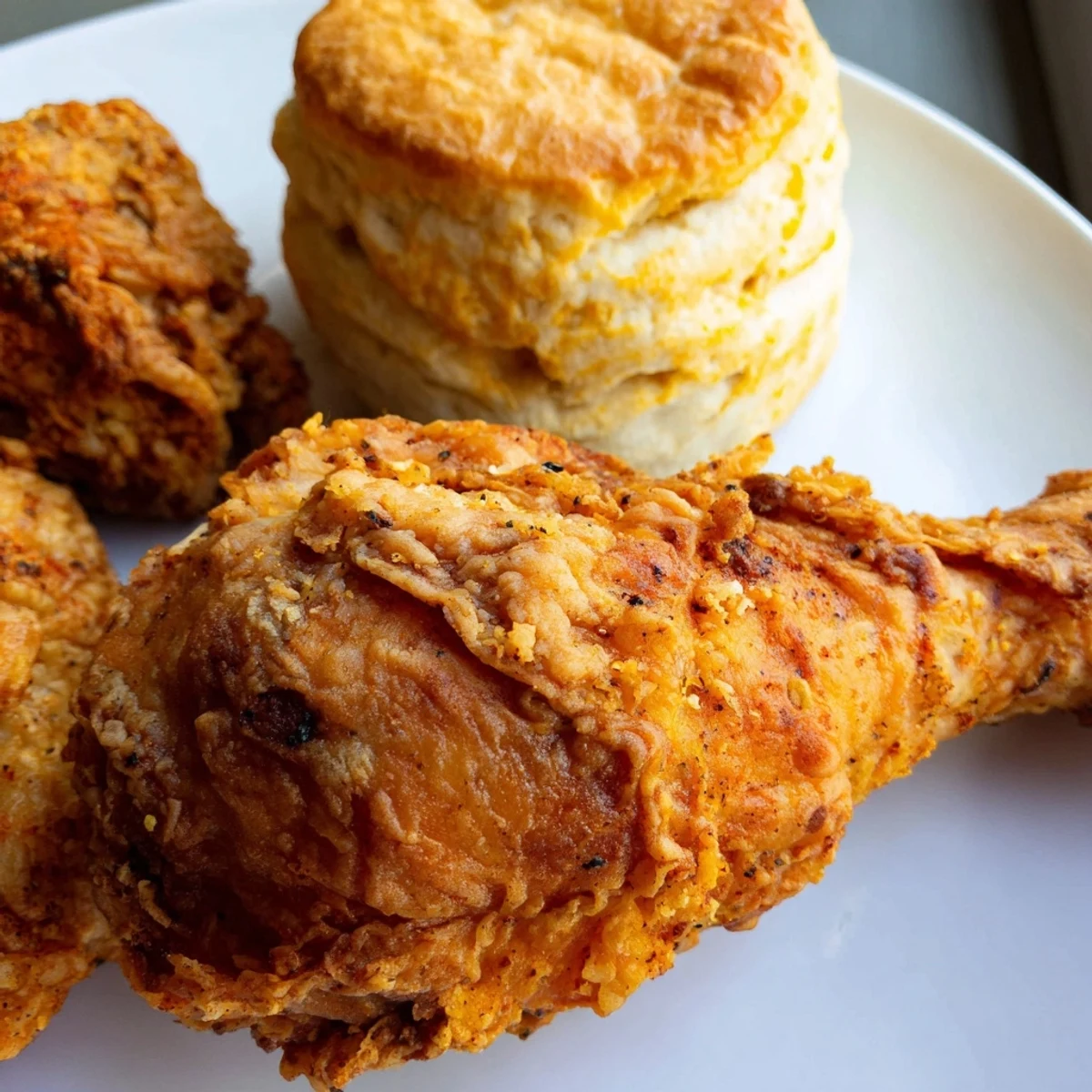 Crispy Cajun fried chicken beside warm, buttery biscuits drizzled with honey.