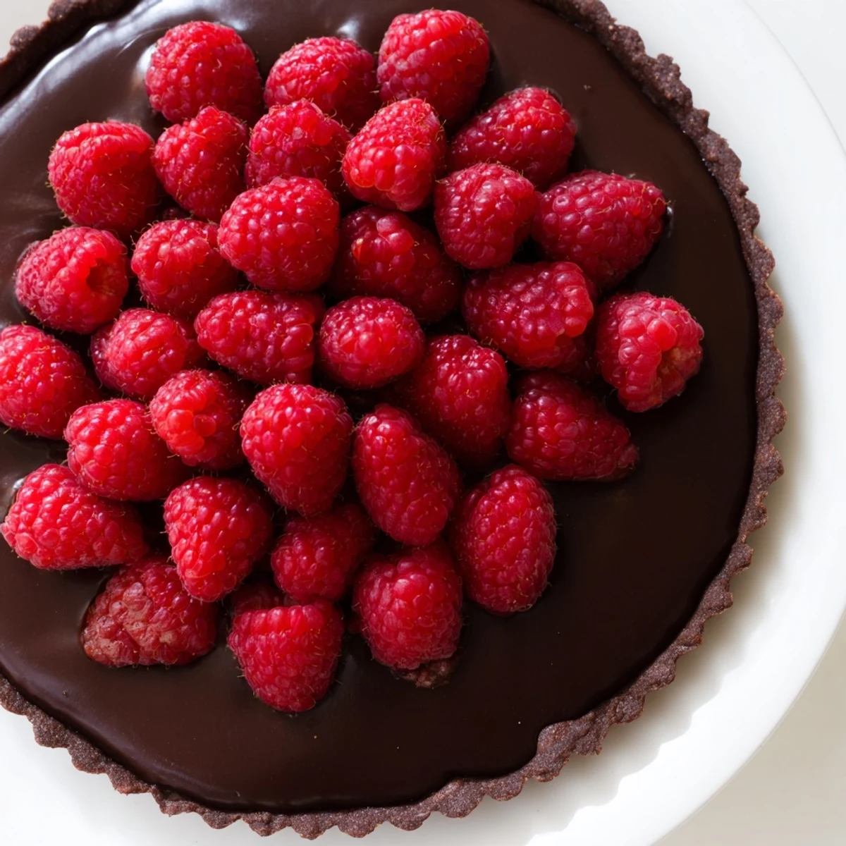 Chocolate Raspberry Tart with Ganache topped with fresh berries on a dark rustic table, crisp chocolate crust visible, ready to slice and serve.