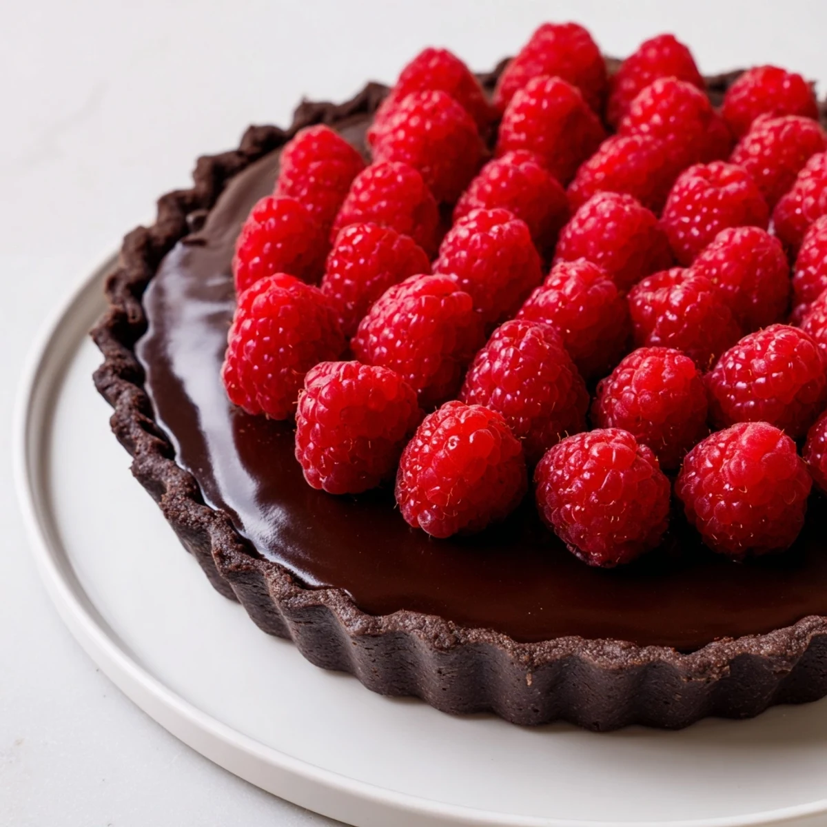 A close view of Chocolate Raspberry Tart with Ganache showing glossy filling and textured crust, ideal for an elegant dinner party dessert.