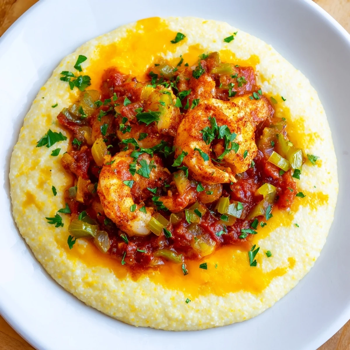 Creamy, cheesy grits topped with spicy Creole shrimp and a rich tomato sauce, ready to serve.