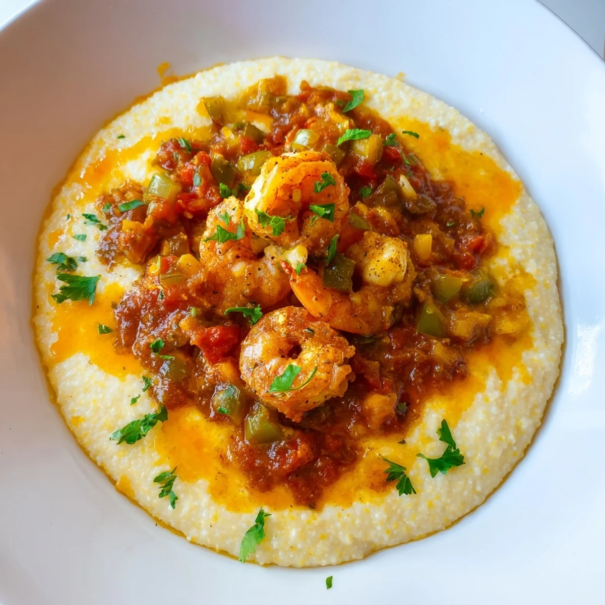 Sizzling Creole shrimp simmering in tomato sauce, served over melted cheddar grits for dinner.