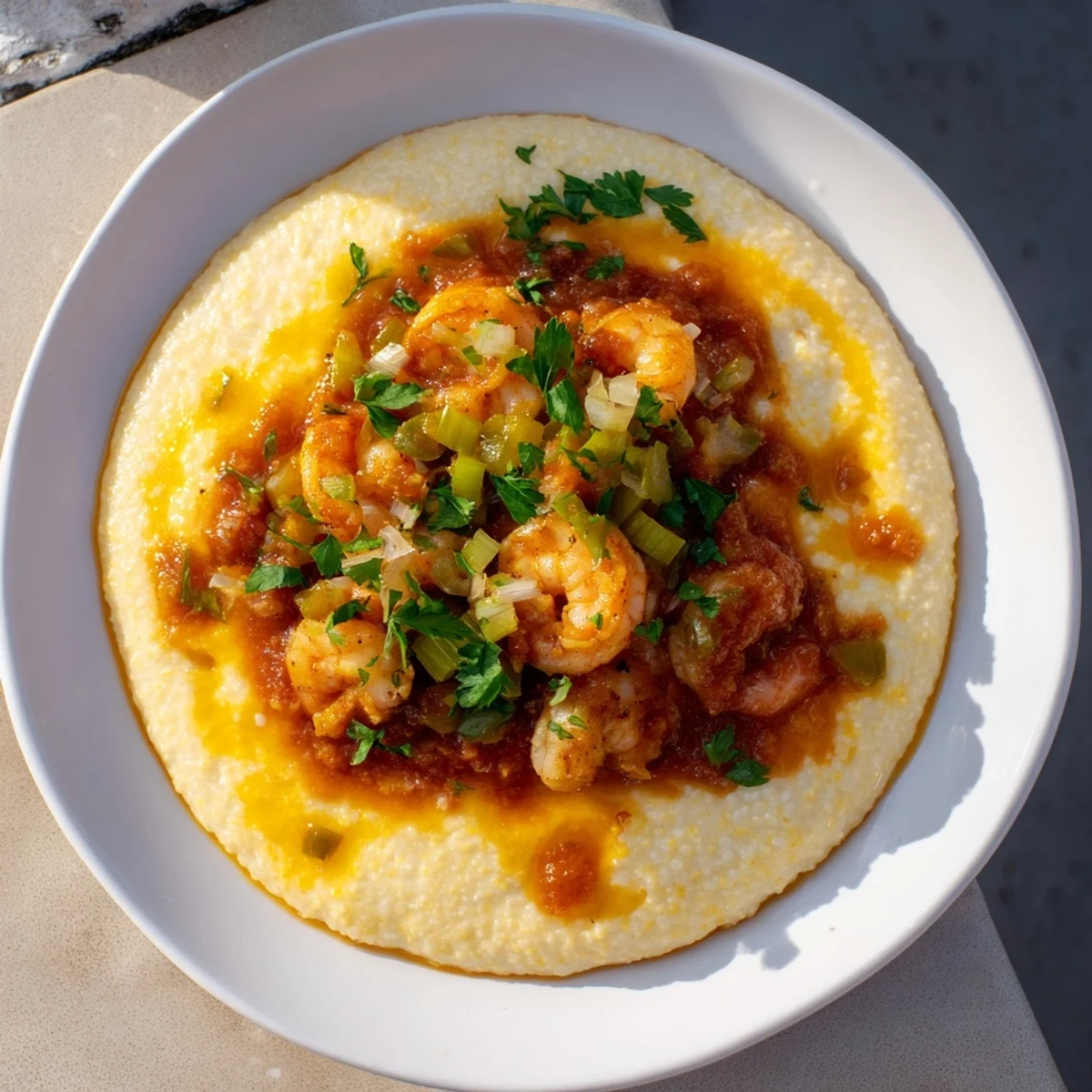 Steaming bowl of Creole Shrimp and Grits with fresh parsley garnish and lemon wedges nearby.