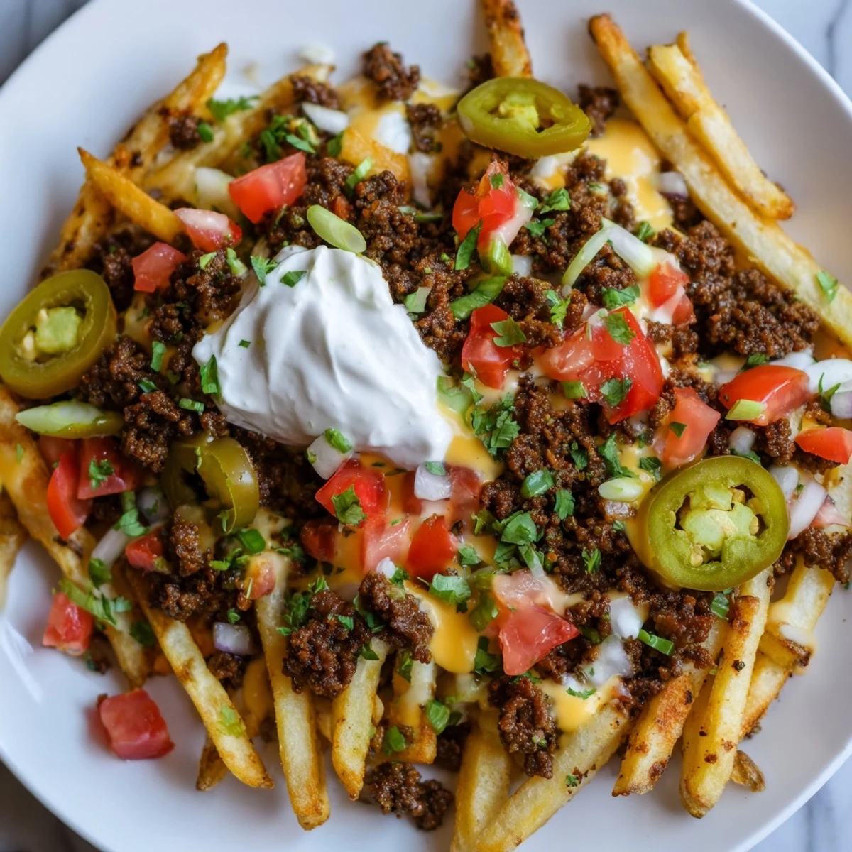 Crispy Loaded Nacho Fries with Queso and Beef are piled high with seasoned ground beef and melted cheese sauce, topped with fresh jalapeños and sour cream.