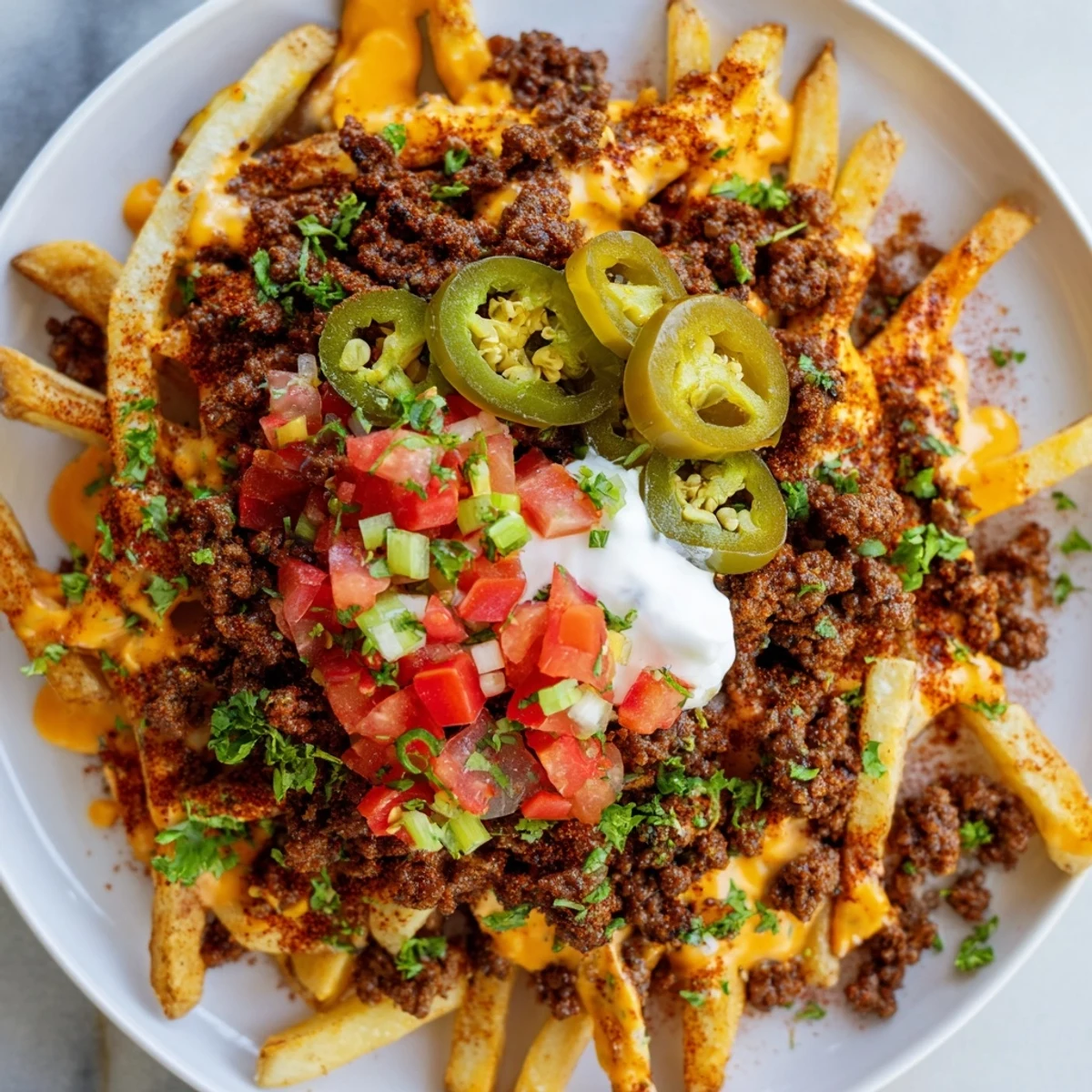 A close-up of golden Loaded Nacho Fries with Queso and Beef, drizzled with creamy queso and garnished with diced tomatoes and green onions for a perfect party snack.