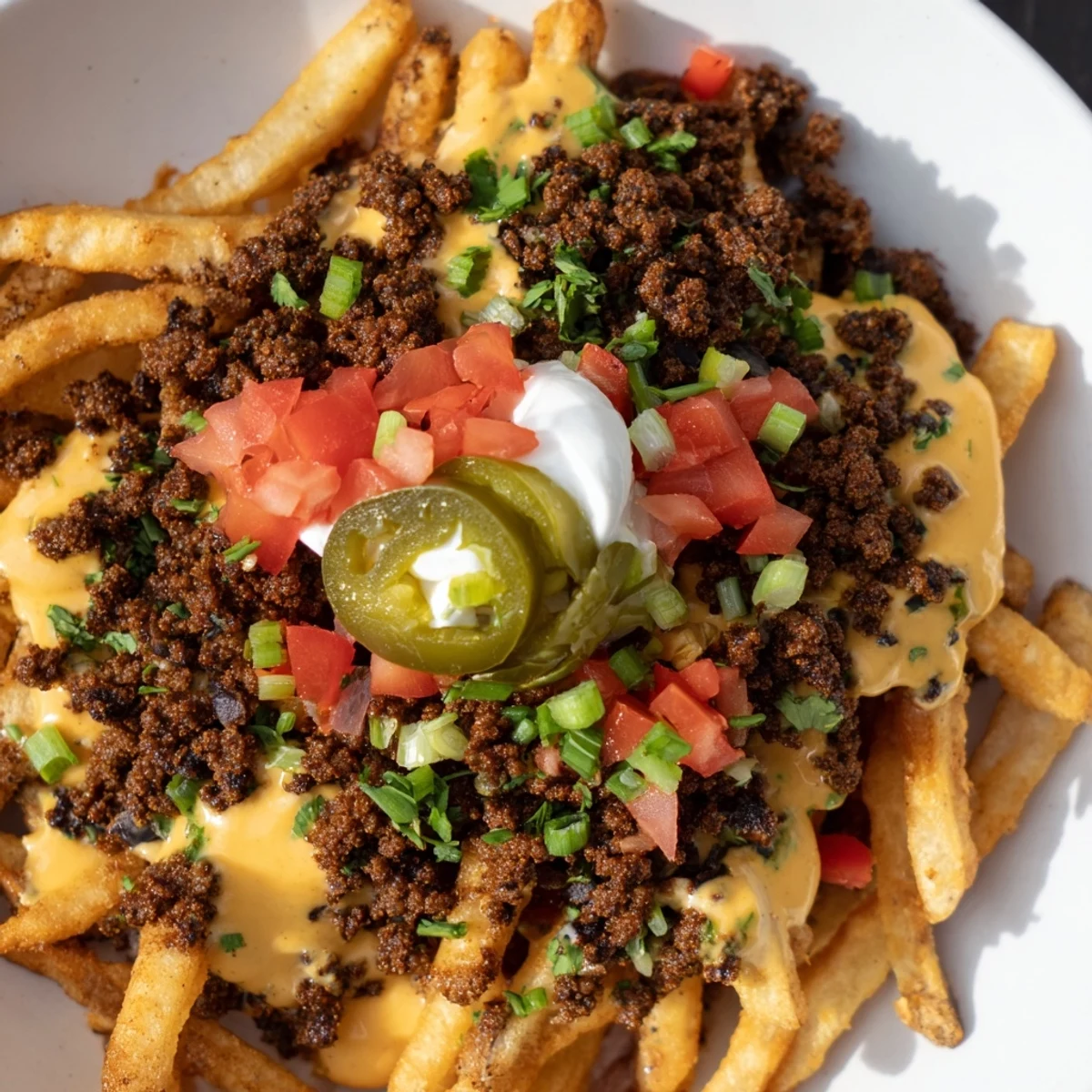 A generous serving platter of Loaded Nacho Fries with Queso and Beef, featuring spiced ground beef and a rich queso drizzle, ready to share at a game-day gathering.