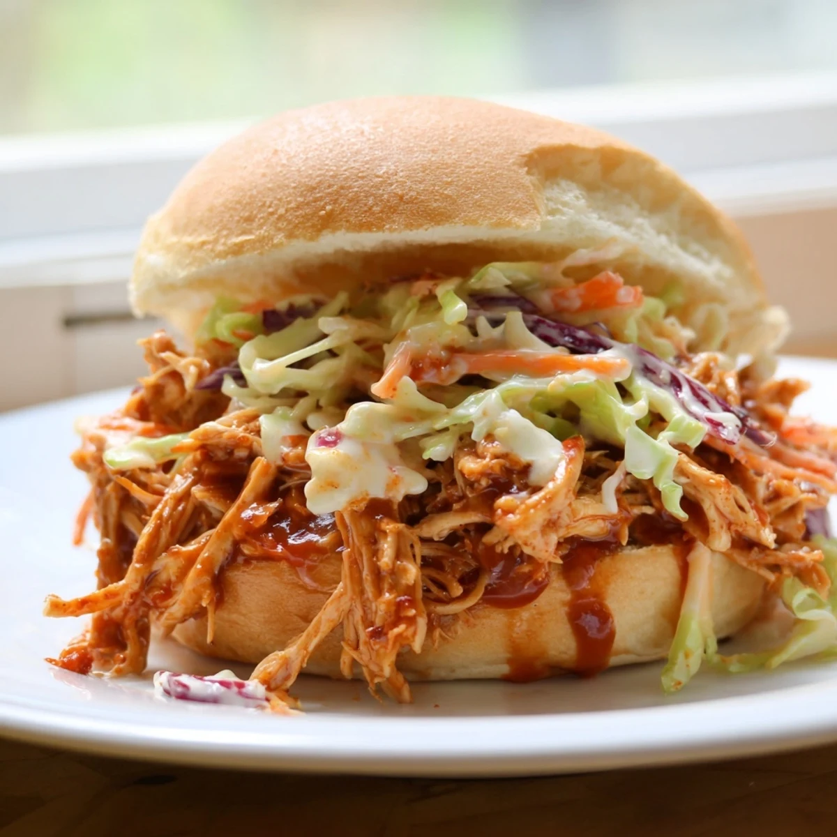 Pulled Chicken Sandwiches with Slaw stacked high with tangy barbecue chicken, crisp slaw, and soft toasted buns ready to serve.