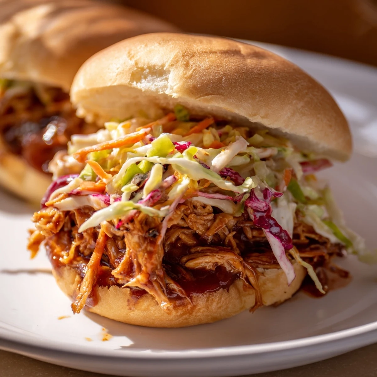 Juicy Pulled Chicken Sandwiches with Slaw featuring tender shredded meat, vibrant red and green cabbage slaw, and golden buns.