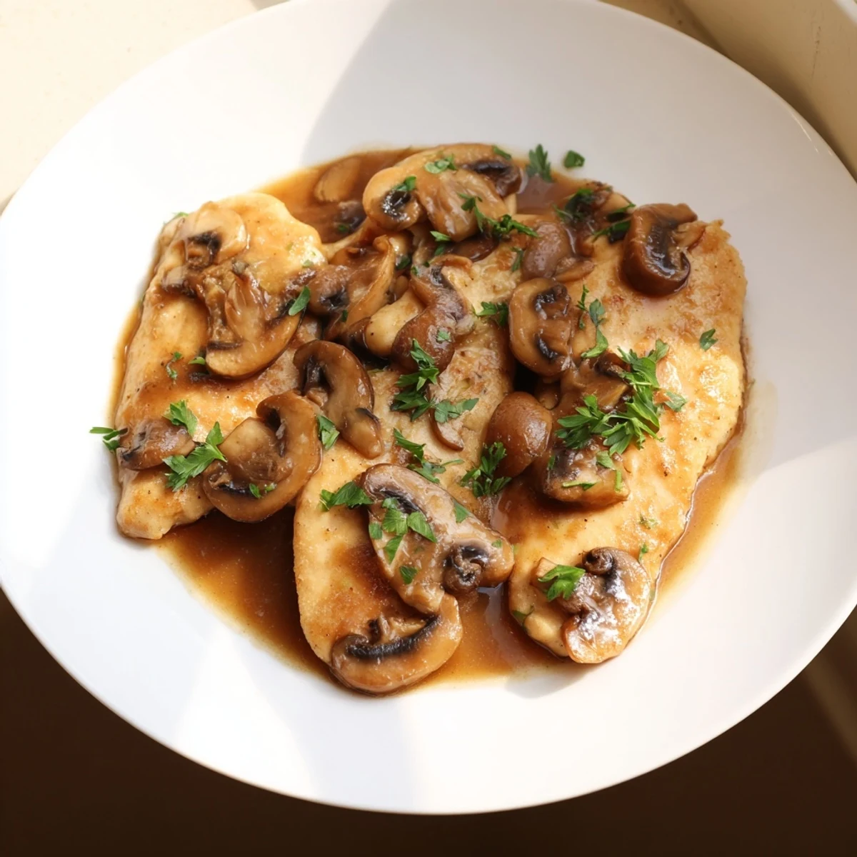 A close-up of tender Chicken Marsala with sliced mushrooms, a glossy sauce, and lemon wedges.