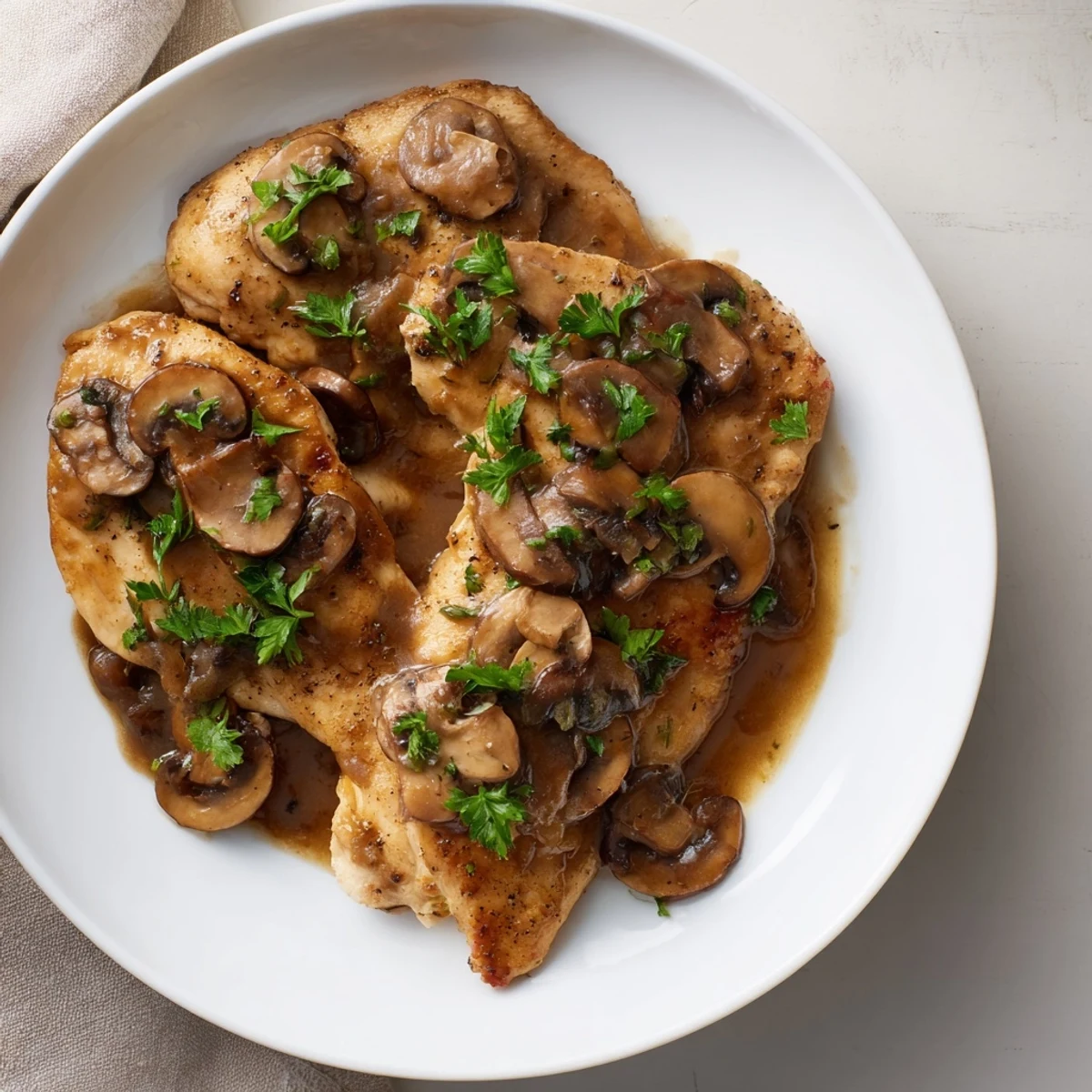 A plated serving of Chicken Marsala over pasta, garnished with parsley, ready for a weeknight dinner.