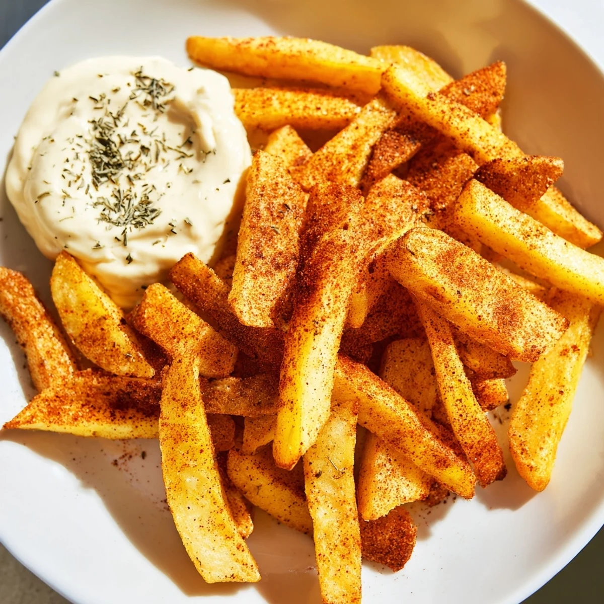Golden-brown Cajun Spiced Fries with Remoulade Dip served hot, with the creamy sauce on the side for dipping.