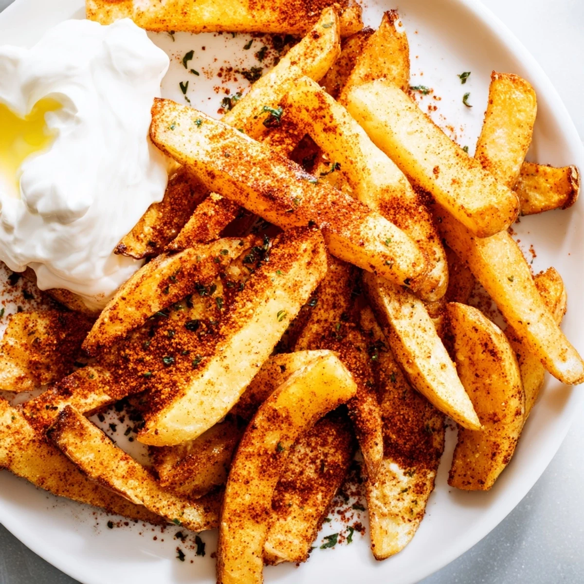 Crispy oven-baked Cajun Spiced Fries topped with fresh parsley and a small bowl of tangy remoulade.