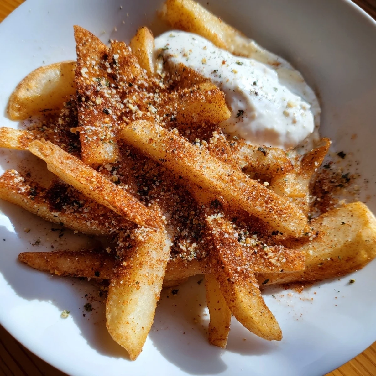 A rustic platter of seasoned Cajun Spiced Fries paired with a creamy, pale remoulade dip for snacking.